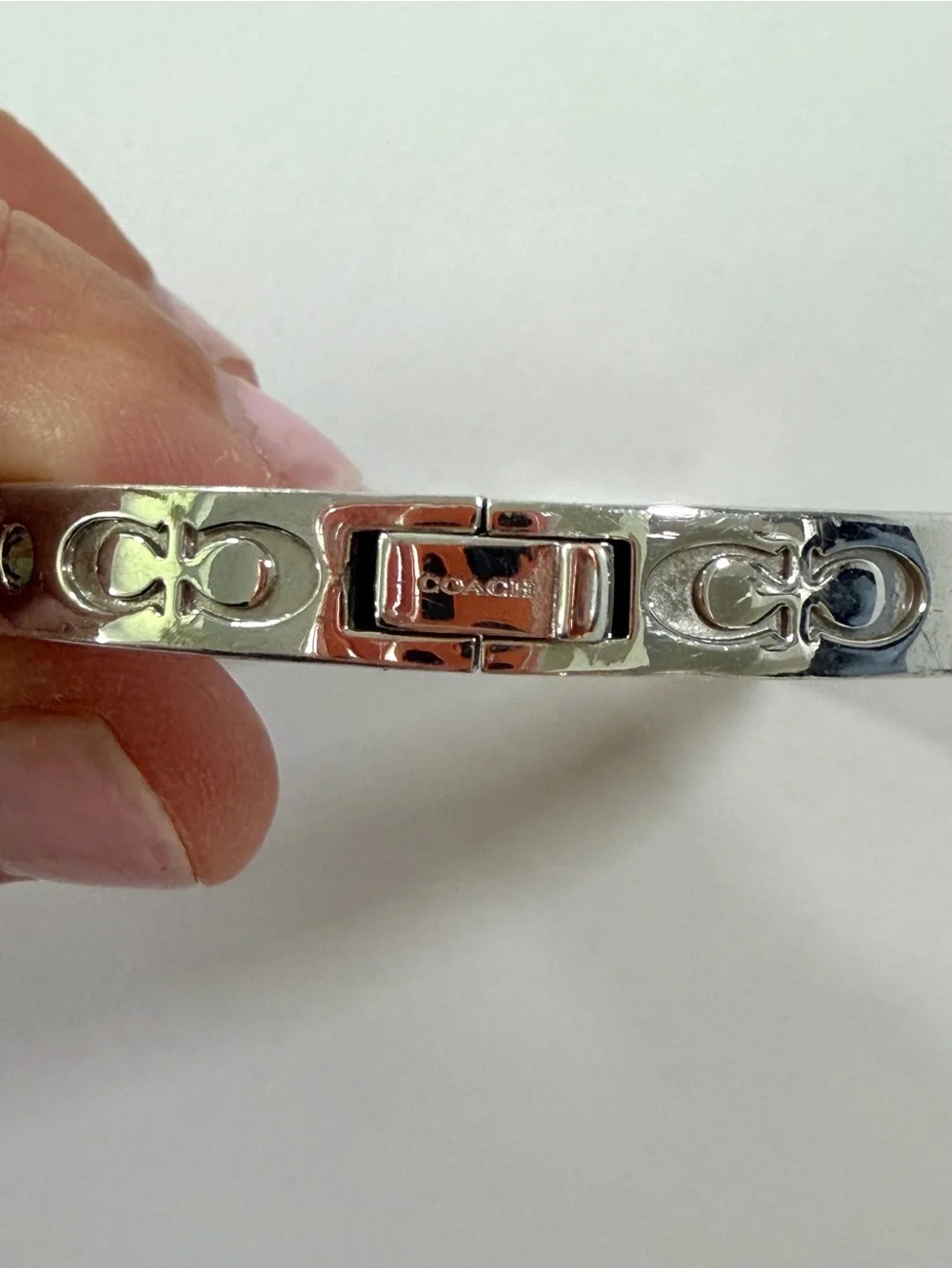 Coach Signature C Rhinestone Silver Tone Hinged Bangle Bracelet OS